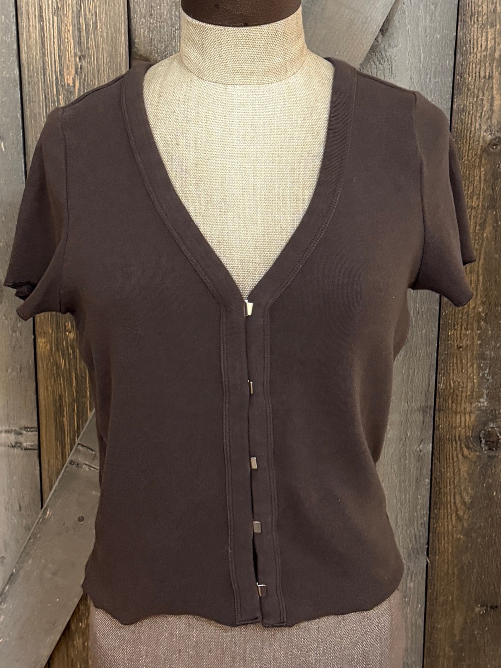 LNA Brown Short Sleeve Cardigan Small Deep V Neck Hook Eye Cotton Stretch Top
